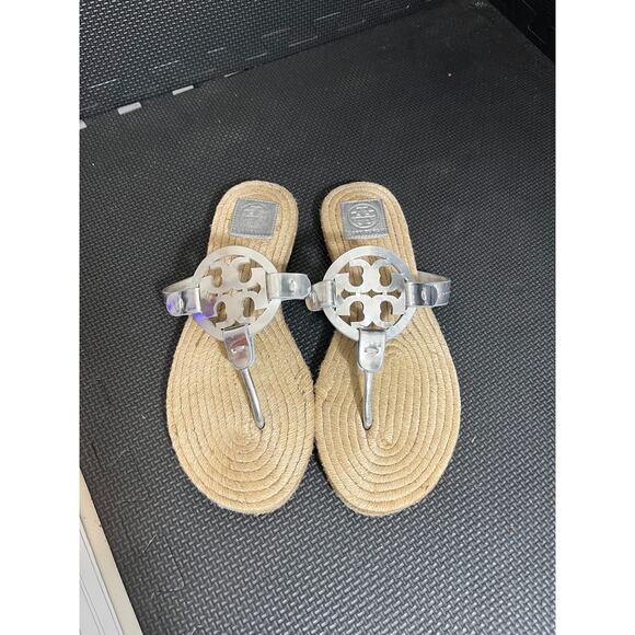 Tory Burch Women's Miller Leather Thong Espadrille Sandals in silver Size 9.5 - Picture 4 of 9